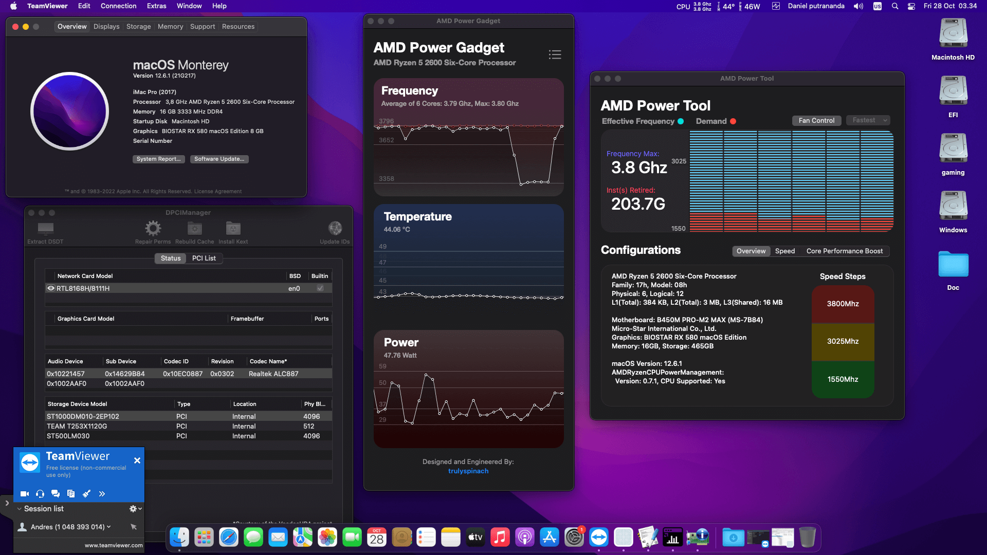 Success Hackintosh macOS Monterey 12.6.1 Build 21G217 in MSI B450M PRO-M2 MAX + AMD Ryzen 5 2600 + Biostar RX 580